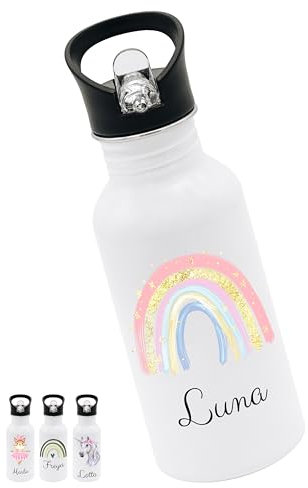 Bärenfreunde® - Personalisierte Trinkflasche Kinder Edelstahl [ 500ml ] - Robuste Trinkflasche mit Namen - Wasserflasche mit Trinkhalm - Personalisierte Geschenke für Kinder (Regenbogen Glitzer)
