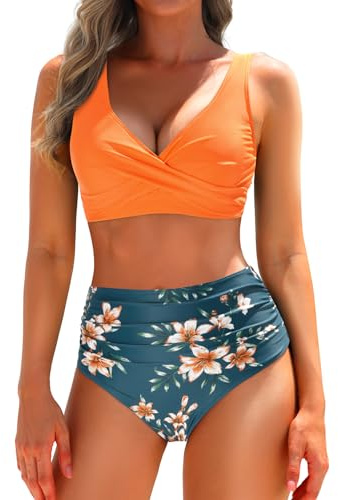 Yonique Women's Two Piece High Waisted Bikini Set Tummy Control Swimsuit Full Coverage Bathing Suit Orange Flowers L