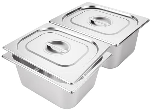 LOLYSIC Lot de 2 casseroles Gastronorm 1/2 en acier inoxydable avec couvercles, profondes, GN Pans Bain Marie, 325 x 265 x 150 mm