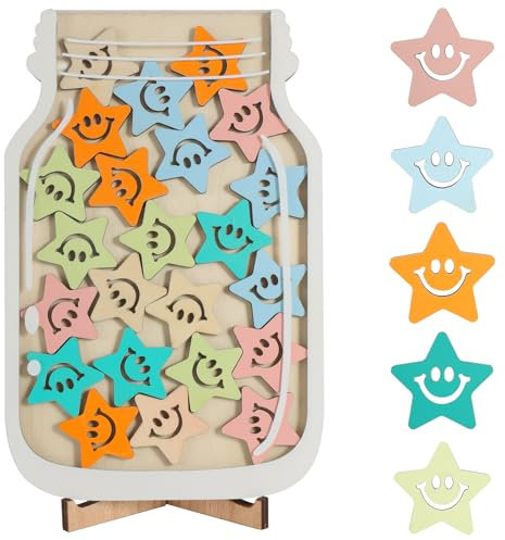 KATIMI Belohnungsglas für Kinder, Belohnungsglas Klassenzimmer, Kinder Belohnungssystem mit 25 Sternen, Star Reward Jars, Sternglas Belohnungsglas mit Holzhalter für motivierende Verhaltensbelohnungen