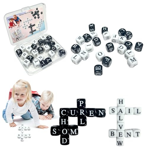 The Crossword Solitaire Game 24 Pcs Juego Dados Solitario Crucigramas, Juego Scrabbles Viaje con Estuche, Juego de Dados de Solitario de Crucigramas Juguetes de Viaje para Acampar