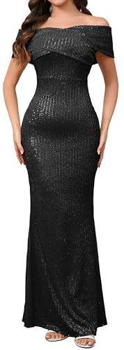 IWFEV Damen Pailletten Schulterfrei Bodycon Ärmellos Meerjungfrau Sparkly Maxi Casual Party Cocktail Kleid, Schwarz, Groß