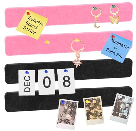 QUARKZMAN 8 Stück Filz Pinnwand Selbstklebend, 33cm x 5cm Pinnwände mit 50 Pinnadeln Pinnwand Bar Streifen Korkplatte Korkbrett Kleine Pinnwand für Notizen Büro, Pink/Schwarz