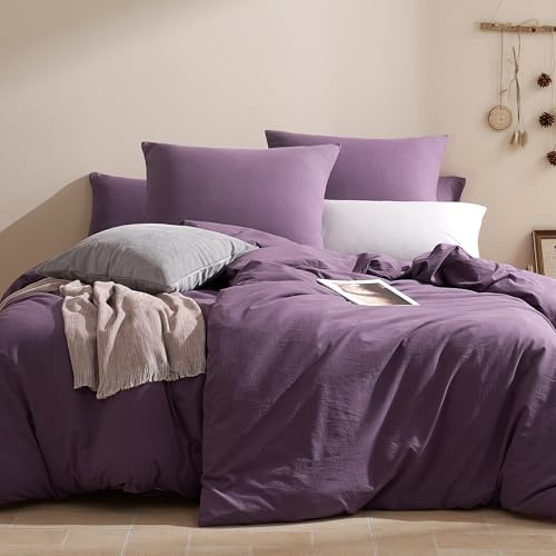 JELLYMONI Bettwäsche 200x200 Baumwolle Bettwäsche-Sets Lila Oeko-Tex 100% Gewaschene Baumwolle Bettbezug mit Reißverschluss und 2 Kissenbezüge 80X80 mit Umschlag Weich 3-Teilig