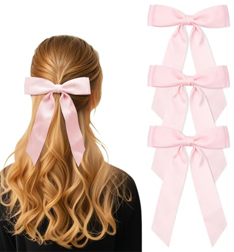 Hebterrka Pinces à cheveux nœuds roses 3 pièces, grandes pinces à nœuds à double couche en polyester doux, élégantes barrettes à cheveux pour toutes les occasions