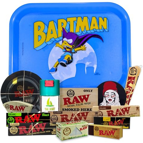 Plateau à rouler The Simpsons 19 x 25cm + Cendrier RAW + Pot anti-odeur + Papier à rouler Raw Organique, Noir, Classic KingSize + Tips + Cône + Autocollants - Cadeau pour les fumeurs