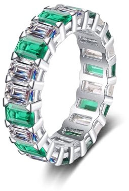 Boho Ringe, Verlobungsringe 18 Karat (750) Weißgold Quadratische Ewigkeit mit 10,5 Karat Weiß Smaragdschliff im Labor Gezüchteter Diamant und Smaragd Größe 61 (19.4)