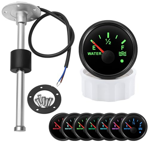 52mm Marine Fuel Level Tank Gauge Kit - with 150mm Fuel Water level Sensor, 0-190 Ohm, 7-Color LED Backlight, 12V/24V for Boat, Sailboat, RV, Car, Camper