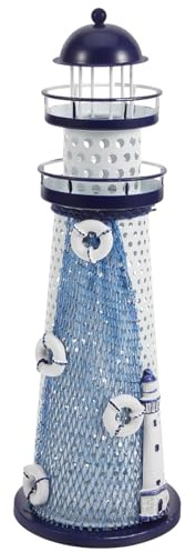 SOLUSTRE Lampada Notturna Decorativa a Forma di Faro, Ferro, da Tavolo | Stile Costiero Marino, Uso Ufficio e Scrivania, Blu e Bianco, Alimentazione Batteria a Pulsante