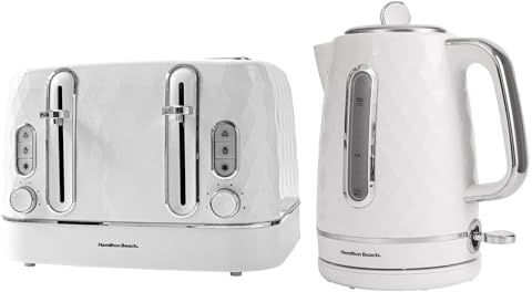 Hamilton Beach Kettle and Toaster Set, Electric Kettle, 1.7L, Toaster 4 Slice, Diamond Textured, Boil Dry Protection, Space Saving, 7 Browning Levels, Defrost, Reheat & Cancel, White - HB8393221WST