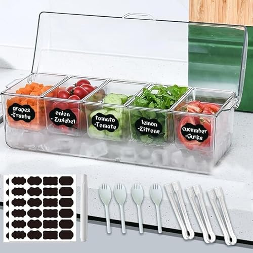 Serviertablett Snackbox 5 Fächern Snackschale mit Deckel Organisator für gekühlte Gewürze, Bar Obst Caddy Ice Zutatenbehälter Set für Barzubehör, Obst, Salat, Taco mit Löffeln Gabeln Zange usw