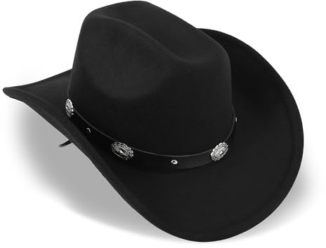 KorhLeoh Cowboyhut aus Filz, Cowgirlhut für Damen und Herren, breite Krempe, Panama-Fedora, Schwarz