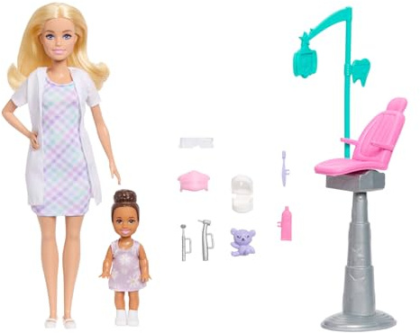 Barbie Karrieren-Puppe Zahnärztin und medizinisches Spielset | Blonde Modepuppe in weißem Kittel, 1 kleine Puppe und Zahnarzt-Spielset, ab 3 Jahren, JMK14