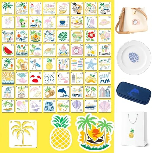 Ozean Malen Schablonen Set, 64 Stück Hawaiianisches Sommer Strand Schablonen, Wiederverwendbar Zeichenschablonen für DIY Scrapbooking Malen auf Holz & Wanddekoration(7,6x7,6cm)