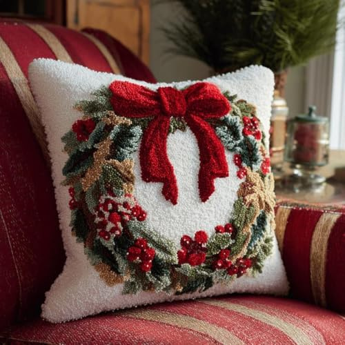 XDEGHUANGSS Christmas Latch Hook Cushion Kit,DIY Holiday Punch Needle Pillow Making Set for Adults and Kids,Festive Yarn Craft Kit for Xmas Home Decor (43x43cm)-6