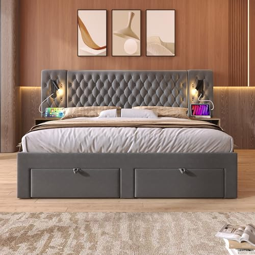 SACOOL Polsterbett Doppelbett 160×200 cm Bettanlage Schlafzimmer Komplett Set mit 2 Nachttischen und 4 Schubladen Kopfteil Leselicht mit USB Ladefunktion Grau Samt Ohne Matratze