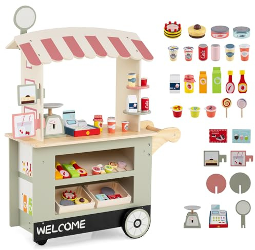RELAX4LIFE Bancarella Giocattolo per Bambini, Gioco Negozio/Supermercato in Legno con Registratori di Cassa, Bancarella Mercato per Bambini 3+ Anni (VERDE)