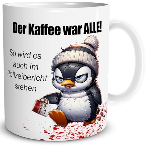TRIOSK Pinguin Tasse mit Spruch Der Kaffee war alle! - Lustiges Kaffeemotiv Geschenk für Kaffeeliebhaber, Morgenmuffel, Pinguinfans, Arbeits- & Bürokollegen - Spaßtasse Keramik 300 ml