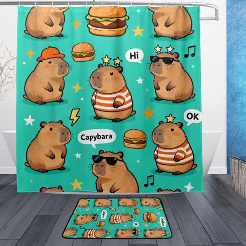 famyily Duschdraperi modernt hem badrum tyg vattentät 183 cm x 183 cm tvättbart tygmaterial badrum duschdraperi foder med halkfria mattor set med 12 tecknade söta capybaror