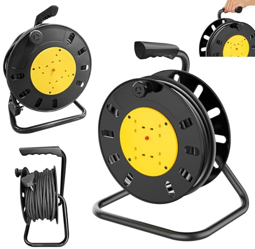4 Socket Cable Cord Reel 25m Outdoor Extra Long Extension Lead, Heavy Duty Extension Cable Tidy with Resettable Safety Thermal Cut Out, Winding Handle, Outside Plug Socket for Garden, Power Tools