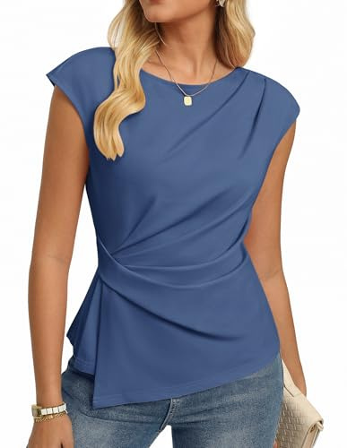 GRACE KARIN Women's Summer Tops Short Sleeve Crew Neck Ruched Work Blouses | Elegant Slim Fit Tops for Women UK Ruched Cap Sleeve Scoop Neck Top Business Casual and Everyday Wear