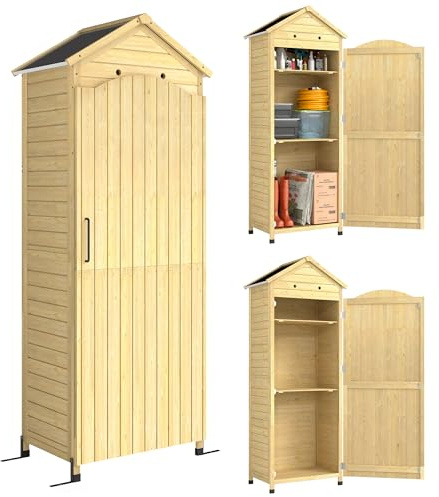 Outsunny Gartenschrank Holz extra hohe Geräteschuppen 85x58x213cm Naturholz | Verstellbare Ablage, Magnetische Tür, Dach Galvanisiert, Belüftung, Kippsicherung, Gerätehaus für Terrasse Garten