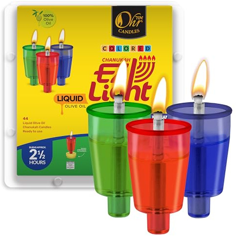 Velas de taza de aceite de menorá de colores precargadas, luces Hanukkah EZ - 100% aceite de oliva con mecha de algodón en vaso de plástico - Tamaño mediano, 44 por paquete, se quema aproximadamente 2