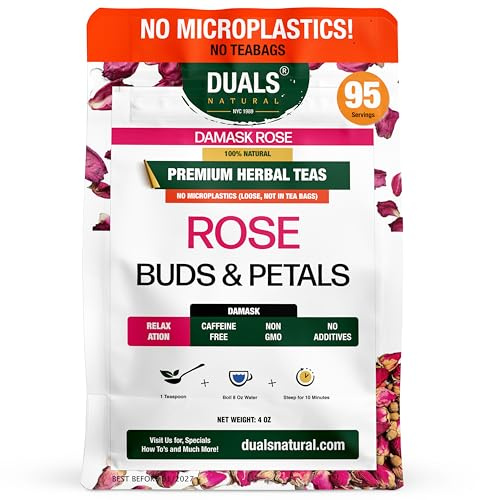 Edible Rose Buds & Petals – Damask Rose for Cooking, Baking, Rose Tea & Garnish – 100% Natural, Non-GMO, Caffeine-Free – 4oz, 95 Servings – Duals Natural
