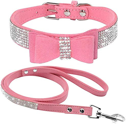haoyueer Hundehalsband aus weichem Wildleder, schillernd, funkelnd, elegant, ausgefallen, mit Strasssteinen besetzt, für Haustiere, Welpen, Katzen, Hunde, Kombi-Set mit Leine (M, Rosa 1)
