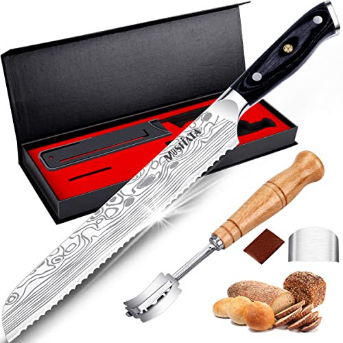 MOSFiATA Professional Serrated Bread Knife - 8 inch High Carbon Stainless Steel Japanese Sharp Blades - Bread Cutter with Cover - Full Tang Wooden Handle Cake Bread Knife