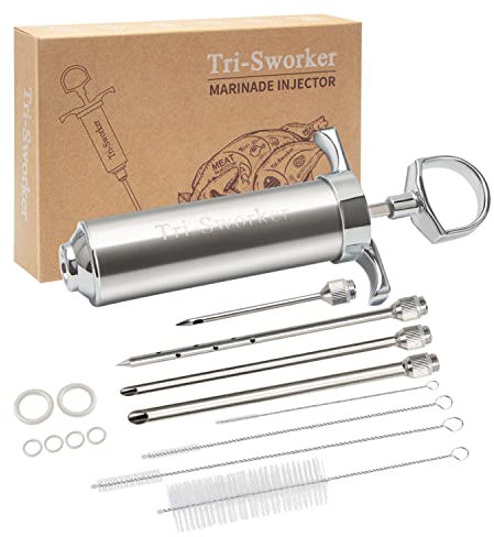 Tri-Sworker Meat Injector Kit for Smoker with 4 Marinade Flavor Food Injector Syringe Needles, Ideal for Injecting Sauce into Turkey, Meat, Brisket; 2-oz; Including Paper and E-Book (PDF) User Manual