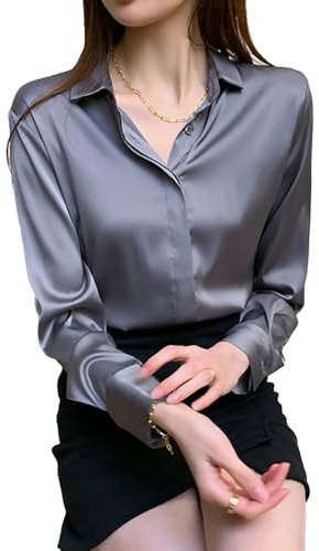 Blusa de satén para mujer con manga larga, camisa de efecto seda para trabajo, oficina e informal, Gris, XL