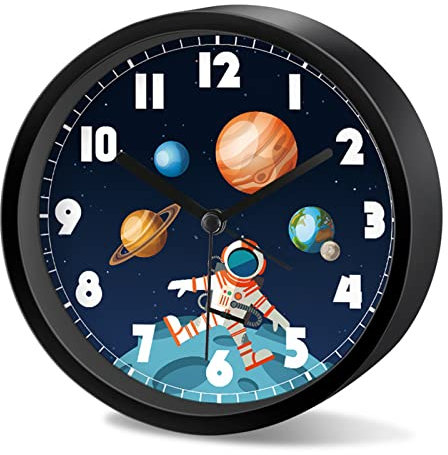 EXQULEG Kinderwecker Ohne Ticken, Runde Wecker Kinder, Weltraum Astronauten Analoger Wecker für Jungen Mädchen Geburtstagsgeschenke (NZA177hei)