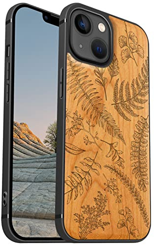 Carveit Coque magnétique pour iPhone 13 [amulette Cerise] [Pare-Chocs en TPU Souple] Coque de téléphone Antichoc Compatible avec 13 Magsafe Coque Bois (Feuilles et Motif Floral)
