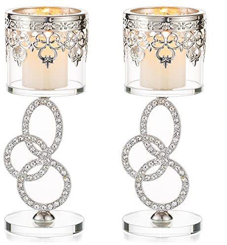Sziqiqi Kerzenständer Kristall Glas Teelichthalter, 2 Stück Silber für Stumpenkerzen Metall, Eisen Kerzenhalter Stabkerze für Hochzeit Esstisch Geburtstag Party Wohnzimmer Tischdeko