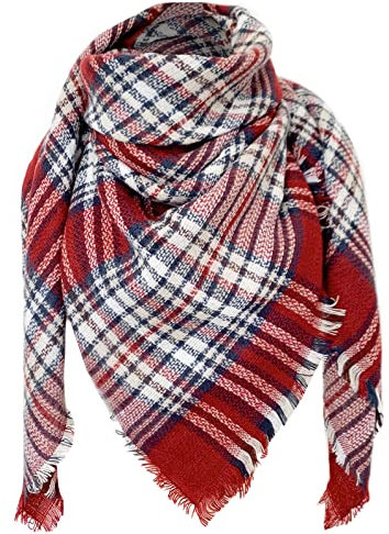 Onsoyours Damen Schal Warm Kariert Plaid übergroßer Quadratisch Wolleschal Deckenschal Herbstschal Winterschal Karo Tartan Streifen Muster Fransen Scarf Poncho 140 * 140cm A Rot 05 Einheitsgröße