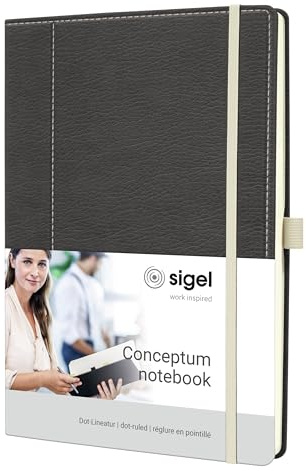 Sigel Conceptum Premium Notizbuch A4 dotted Lederlook grau weiß Hardcover | CO696, 194 nummerierte Seiten, nachhaltiges Papier, Inhaltsverzeichnis und Falttasche