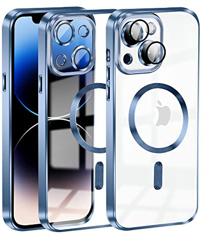 Cover Magnetica per iPhone 13, Custodia Compatibile con MagSafe, Protezione Antiurto di Livello Militare Telefono Silicone [Copertura della fotocamera], Blu Trasparente