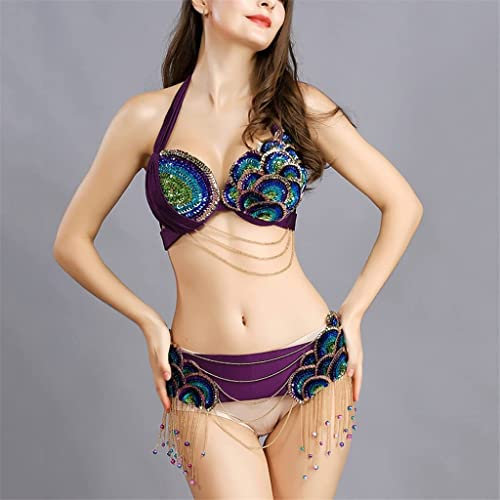 BAtlam Frauen-Bauchtanz-BH-Gürtel Perlen-BH und Gürtel-Set Peacock Bauchtanz-Kostüme Bauchtanz-Outfit Bauchtanz-Anzug (Color : Purple, Size : S Code) (Lila L)