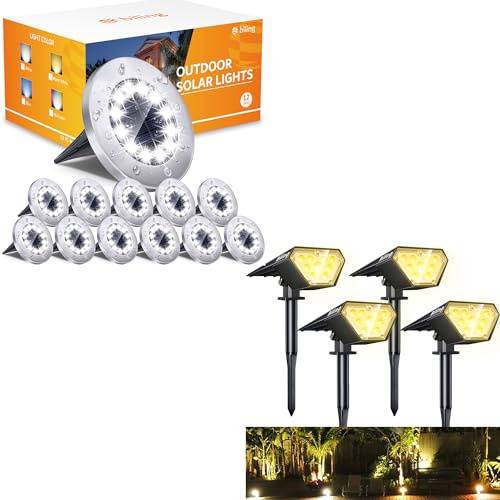 Biling 12 Pack Solar Ground Lights & 4 Pack Solar Spot Lights Outdoor Waterproof for Yard Garden