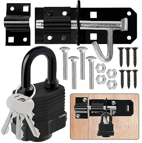 Door Lock Gate Bolt＆Door Latch Hasp,Stainless Steel Sliding Bolt and Heavy Duty Door Lock, Padlock Shed Locks with Burglar Proof Screws for Wooden Gates Garden Gate