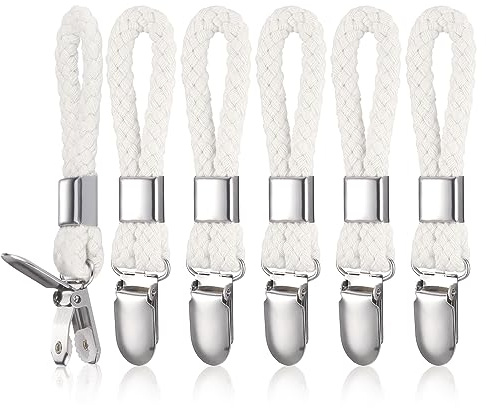 6 pcs Towel Clips, Metal Tea Towel Hooks with Woven Cotton, Sturdy Hanging Clips Tea Towel Holders, Storage Clips for Hanging Clothes, Tea Towel/Beach Towel Clip Hooks for Kitchen Bathroom (White)