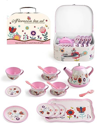 Teeservice Kinder Metall Tee Set mit Dessert Spielzeug Tragekoffer Tin Teekanne Set, Tee Party Rollenspiele, Dessert-Spielzeug Teeservice Kinderküche für Kinder Mädchen 3 4 5 6 7 8 Jahren