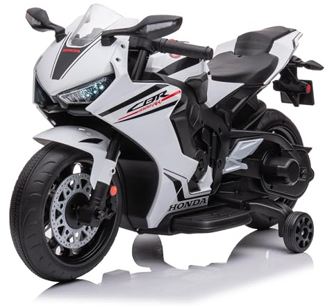 Moto elettrica per bambini CBR 1000RR, moto per bambini 12V veicolo elettrico per bambini con 2 ruote di allenamento rimovibili per bambini a partire da 3 anni (Bianco)