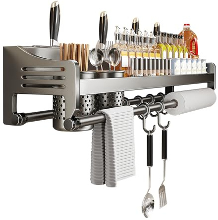 HYPIQQ Etagere a Epices Murale Étagère Murale à Épices avec Porte-Sopalin Rangement Épices Cuisine Moderne - Étageres Murales de Cuisine Robustes,Gris,40cm 2cups