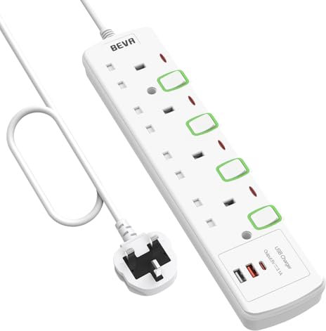 Extension Lead 3M with USB Slots, BEVA 4 Way Extension Socket With Individual Switches and 2 USB-A &1 USB-C Ports, Multiplug 3 Meter Extension Cable Mountable Power Strip 13A 3250W