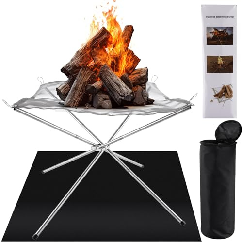 LOLYSIC Portable Fire Pit for Camping, 56x56x43cm Stainless Steel Firepit, Foldable Fire Pit with Carrying Bag & Fireproof Mat, Small Mesh Firepit for Outdoor Garden Backyard Patio Camping Picnic