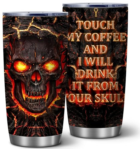 Equoza Funny Skull Halloween Tumbler, 20oz Fiery Coffee Cup for Men | Bold Fire Skull Design, Stainless Steel 20oz Insulated Travel Mug, Birthday Gifts for Men, Friends