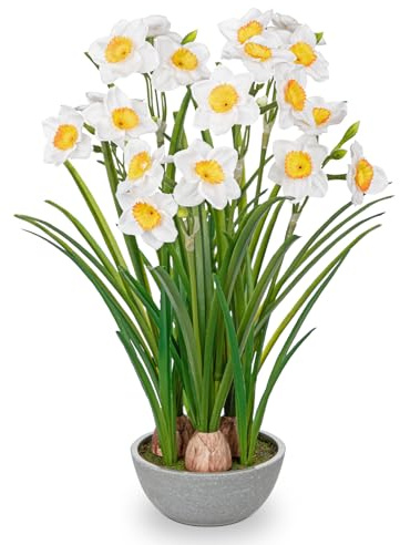 Hollyone Vita konstgjorda påskliljor sidenblommor, 40 cm dekorativ blomma, konstgjorda påskliljor i kruka, konstgjorda blommor, vårblomma för heminredning, fönsterbräda, vardagsrum, bordsdekoration