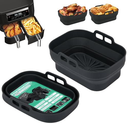 Alyvisun Moule Silicone Air Fryer, 2 Pièces Moules pour Friteuse à Air Réutilisable Plat Airfryer Accessoire Rectangulaire Double Ustensiles Panier pour Friteuse Air Chaud, Four, Microonde (Noir)